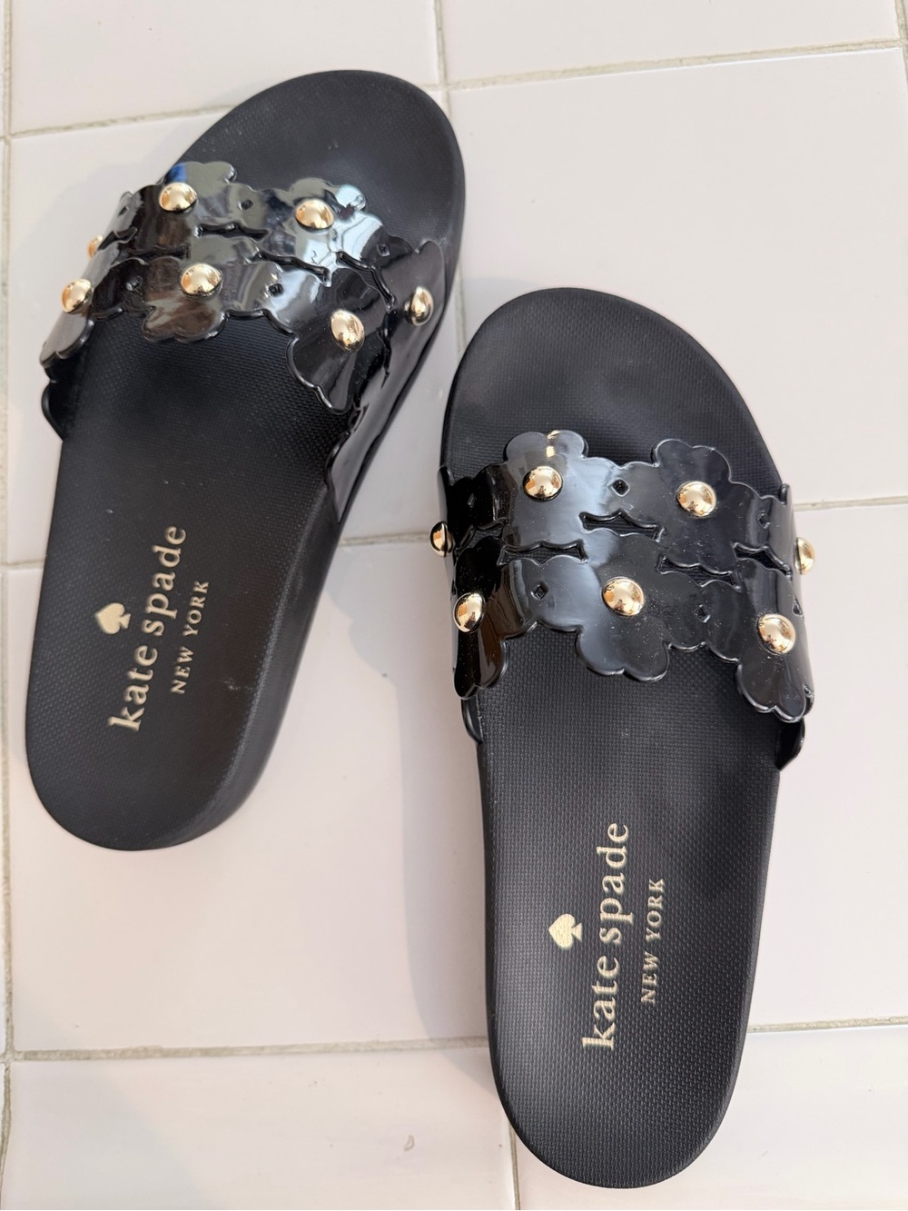 kate spade Black Slide Sandals with Daisy Floral  and stud details